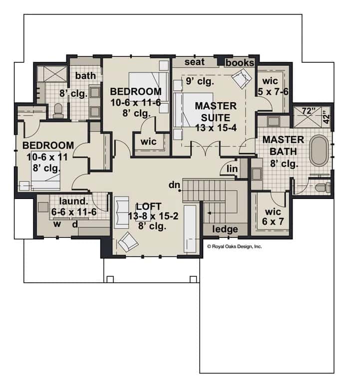 Second level floor plan with three bedrooms, a laundry, and a loft.