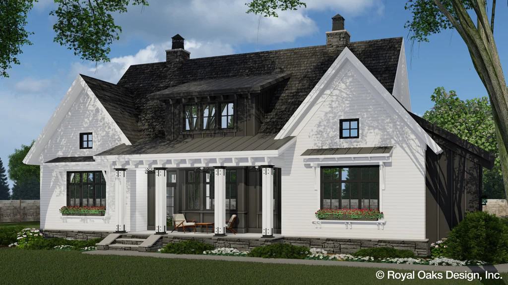 Front rendering with twin gables and a covered entry porch topped with a shed dormer.