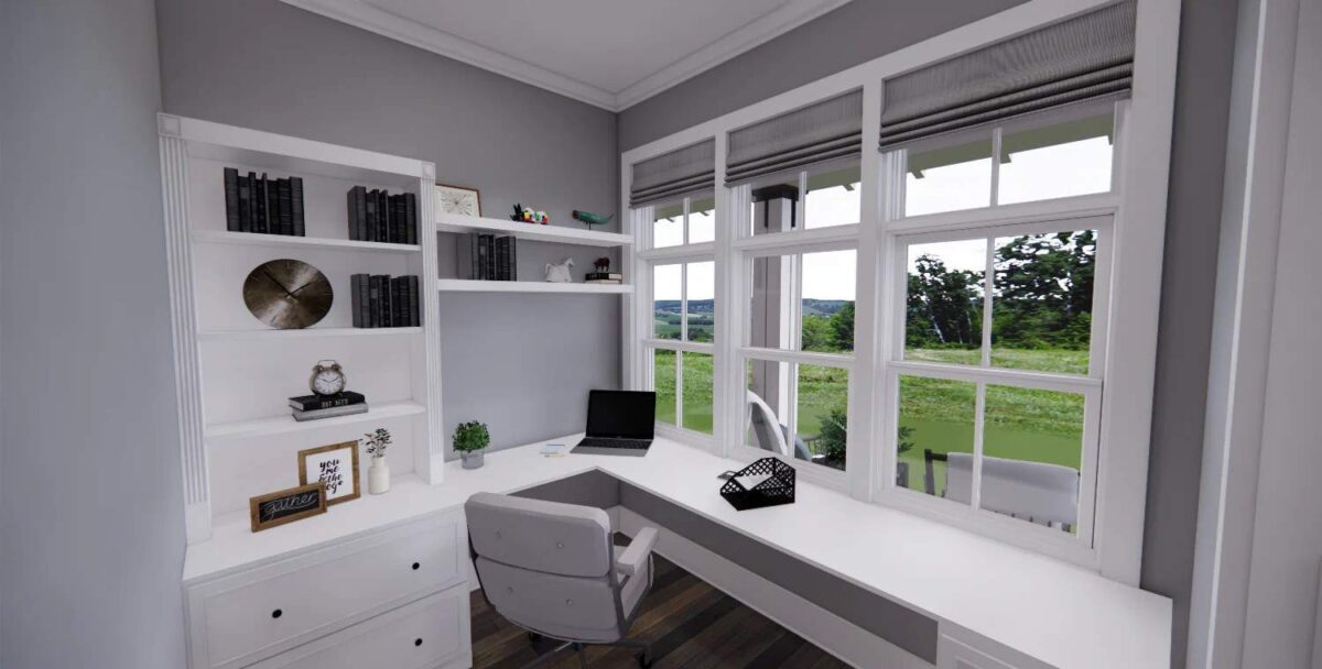 Home office with a built-in desk overlooking the front porch.