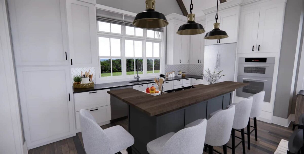 Kitchen with white cabinetry and a center island surrounded by contemporary chairs.