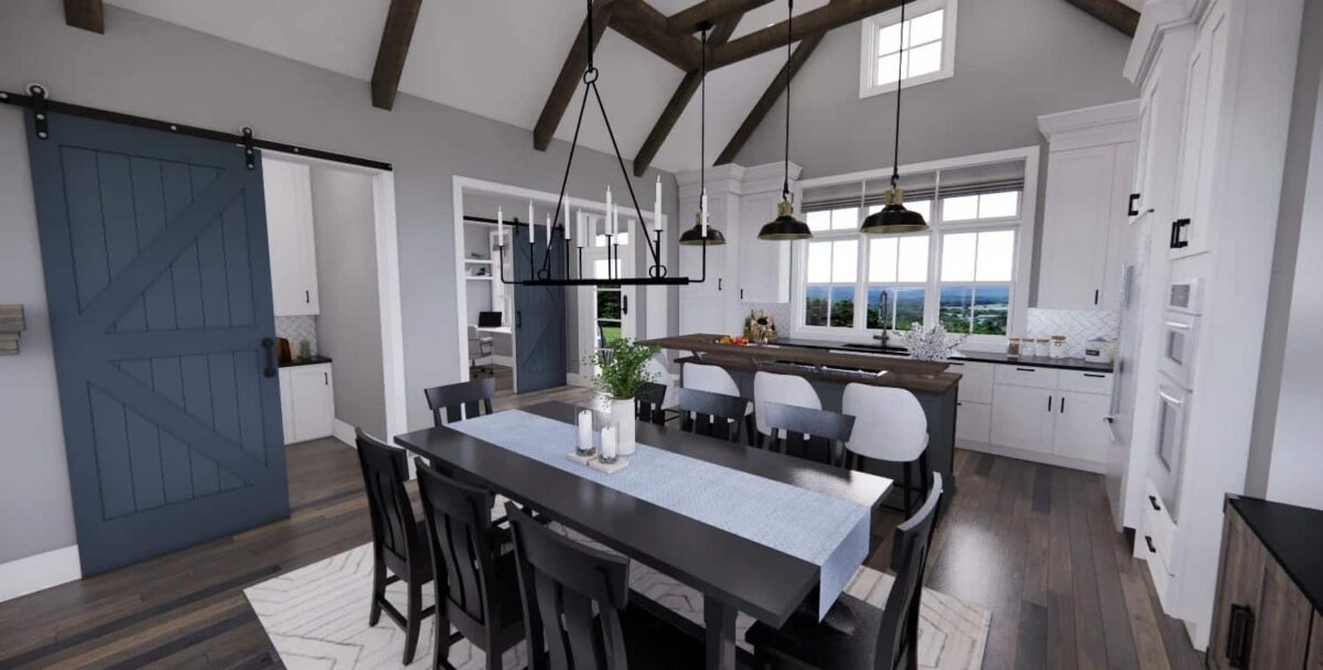 A sliding barn door across the dining area reveals the walk-in pantry.