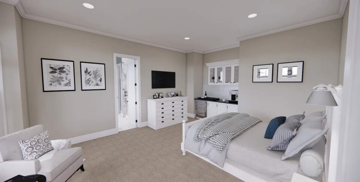 The primary bedroom includes a coffee bar and a TV mounted above the dresser.