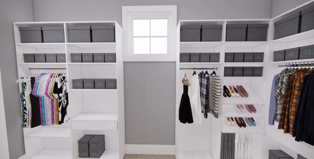 Primary walk-in closet with ample storage and a small window that allows natural light in.