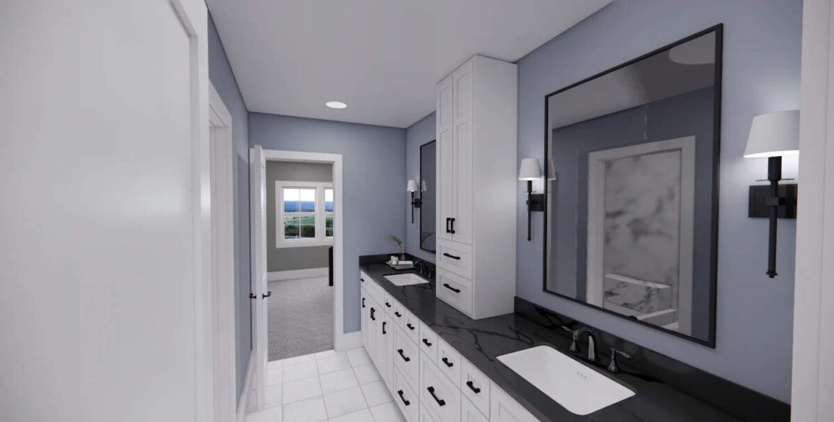 Jack and Jill bathroom with a dual sink vanity topped with framed mirrors and a white cabinet.