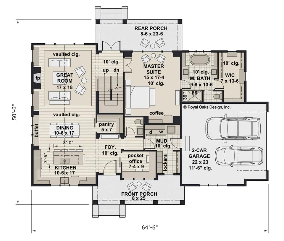 Main level floor plan of the Hidden Brook two-story 3-bedroom farmhouse with foyer, kitchen, dining area, great room, pocket office, primary suite, and mudroom leading to the garage.