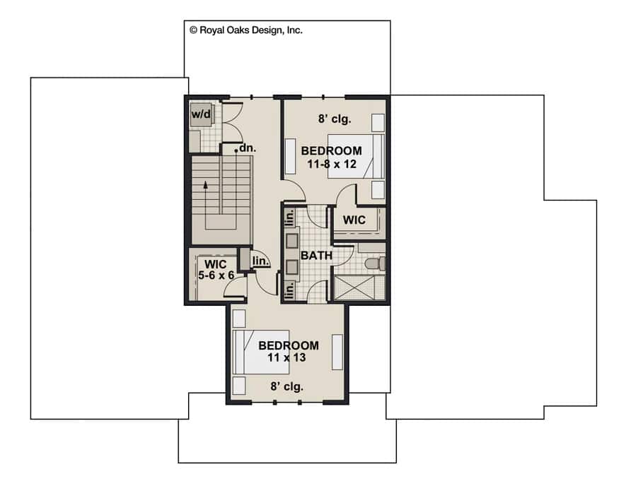 Second level floor plan with two bedrooms and a Jack and Jill bathroom.