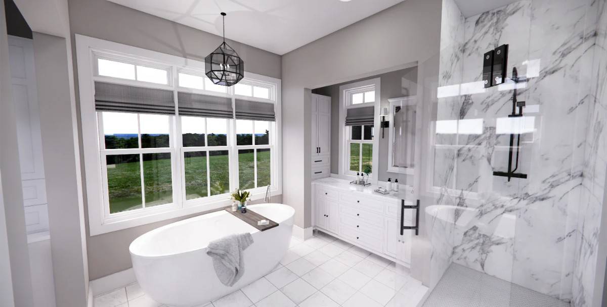 Primary bathroom with a tiled shower, a white vanity, and a soaking tub with front yard views.