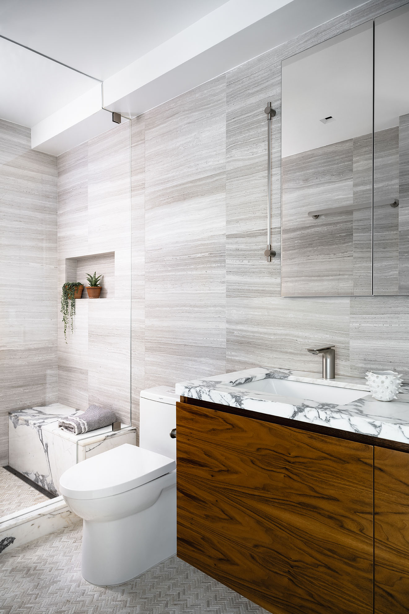 Primary bathroom in renovated NYC mid-century modern apartment