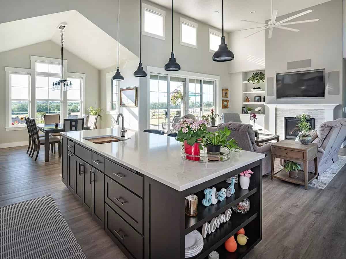 Kitchen island overlooking the dining area and great room.