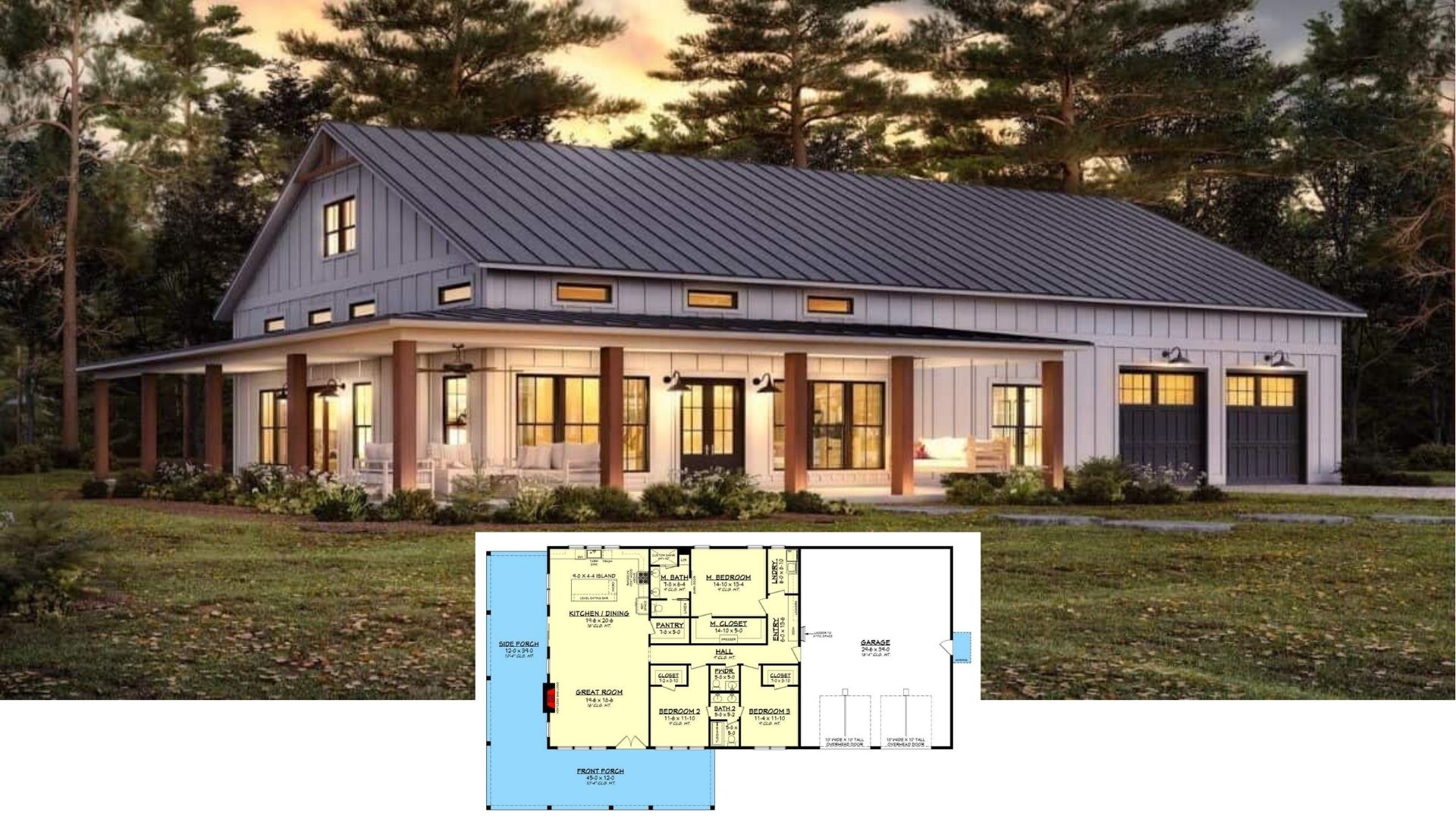 Step Inside This 2,000 Sq. Ft. Barndominium-Style 3 Bedroom House with Wraparound Porch and Jack & Jill Bath (Floor Plan Included)