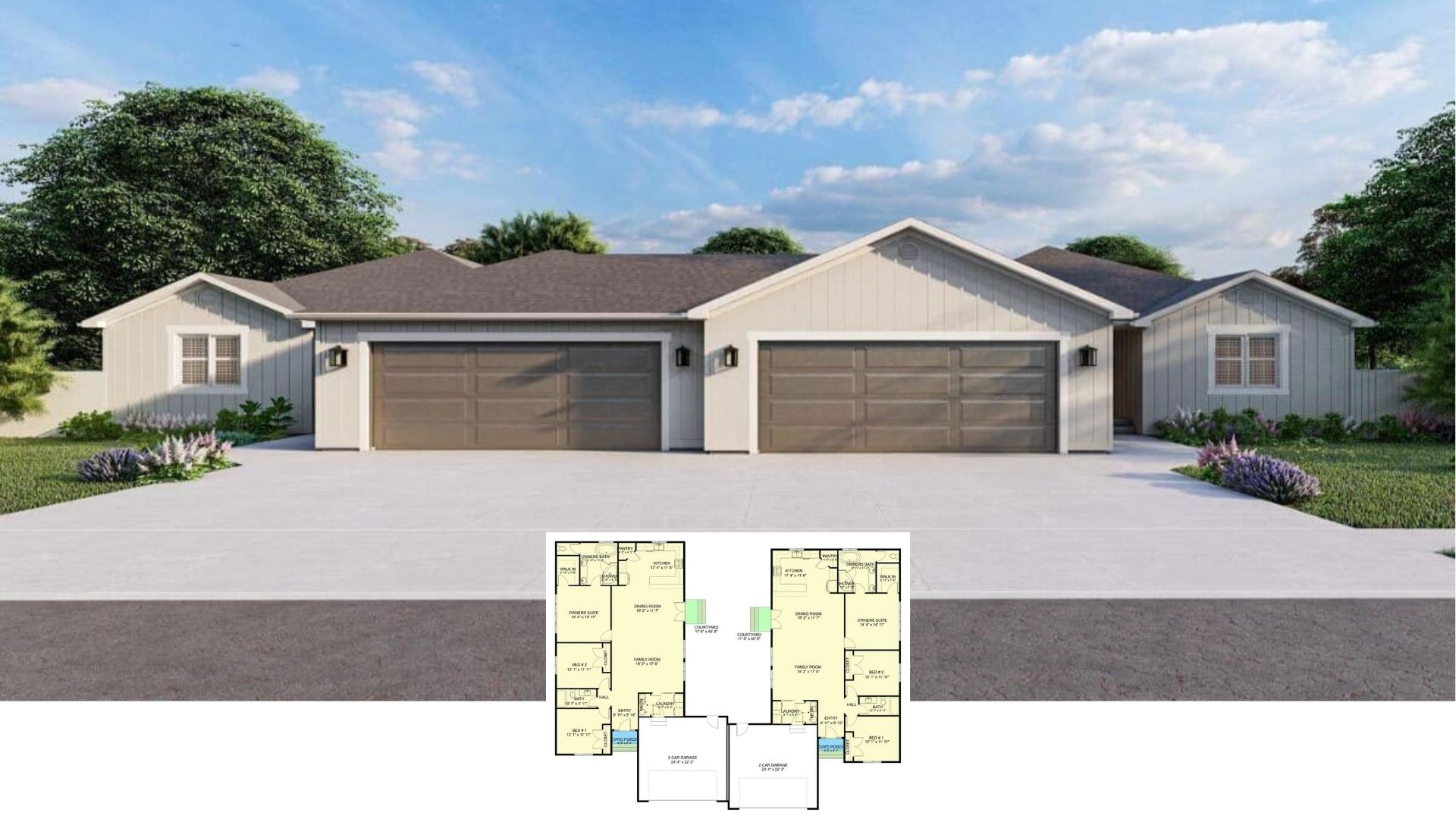 Introducing a 3,594 Sq. Ft. 3-Bedroom Country Style Duplex with Courtyard and Open-Concept Design (Check Out the Floor Plan)