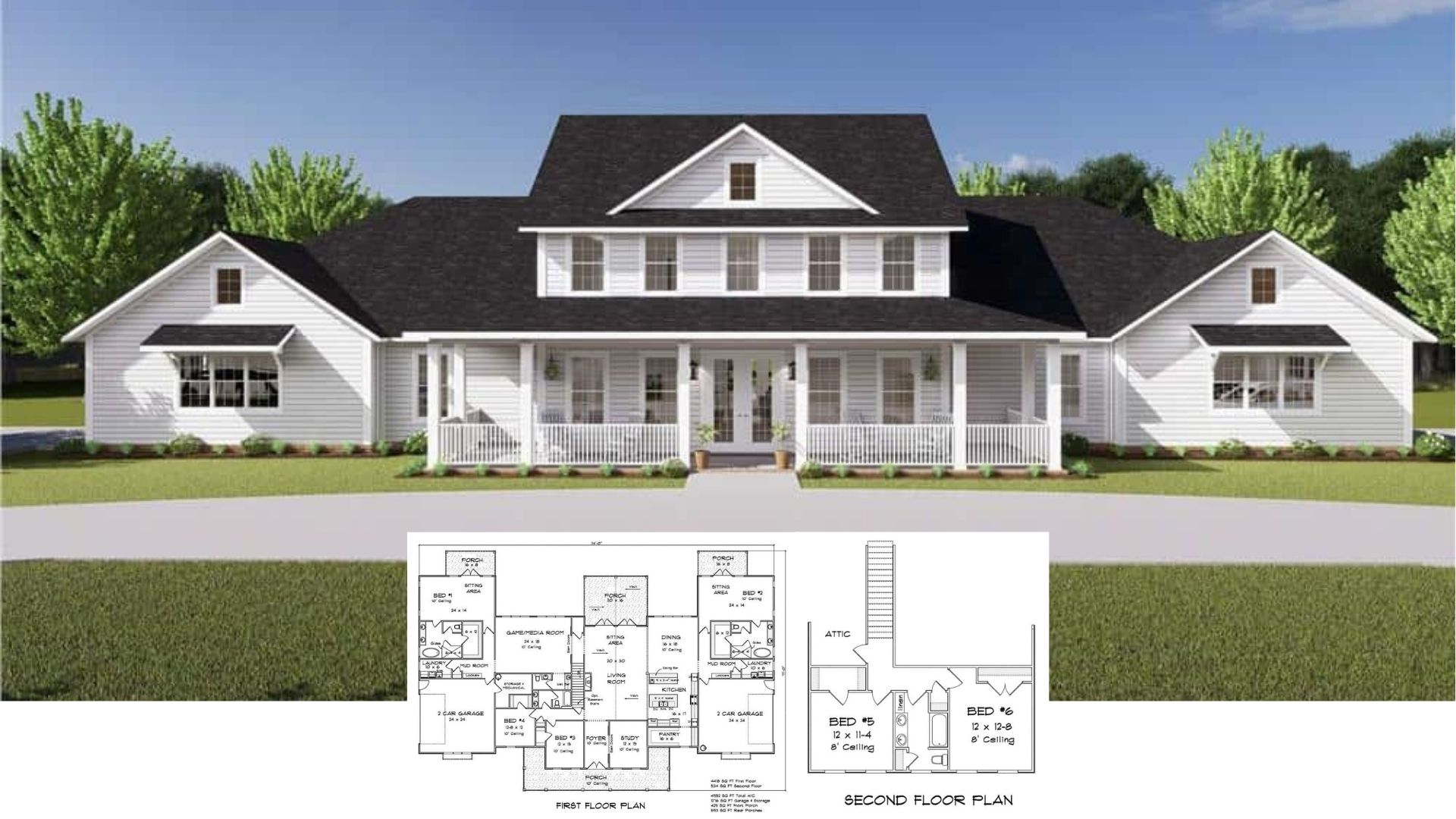 Two-Story 6-Bedroom Modern Farmhouse for a Wide Lot with Expansive Front Porch (Floor Plan)