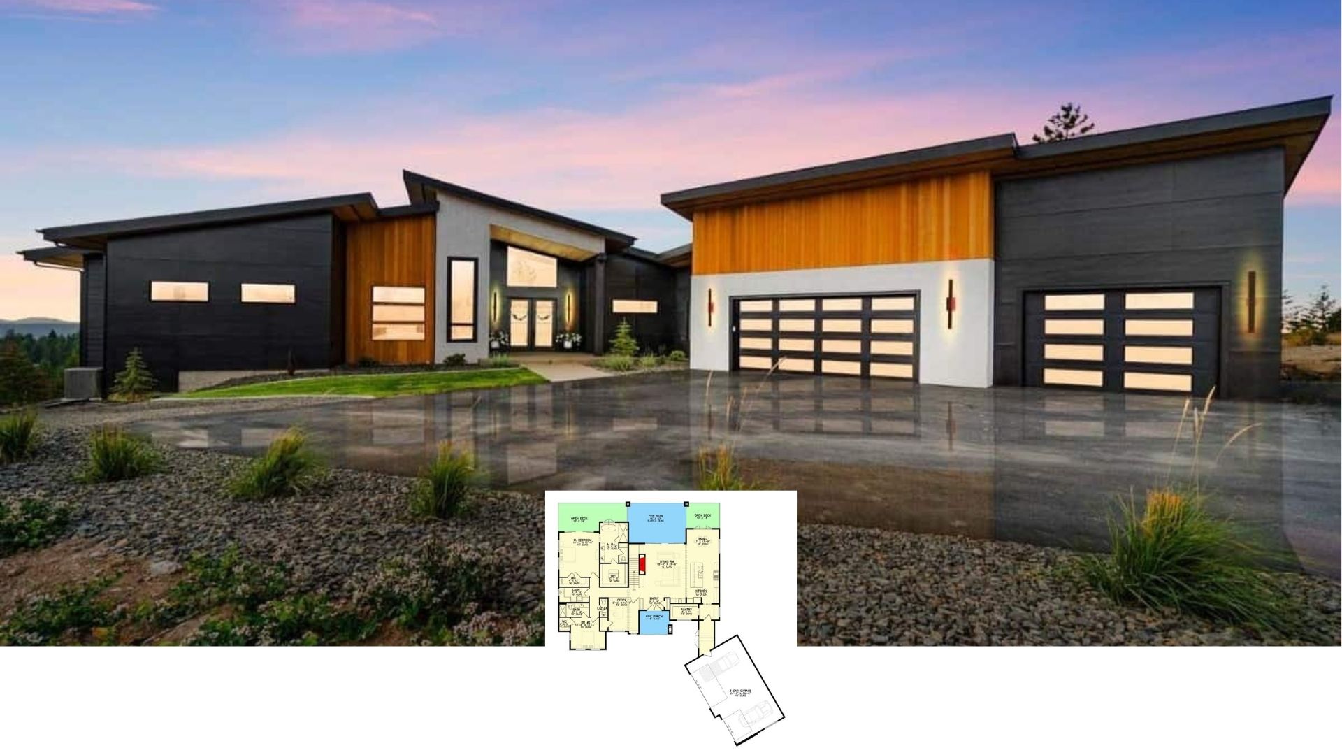 Modern 4-Bedroom Single-Story Home for a Rear Sloping Lot with Angled 3-Car Garage (Floor Plan)