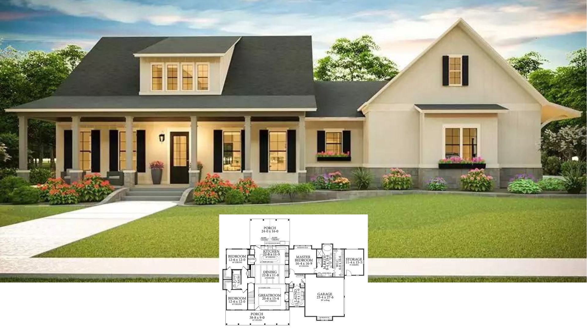 The White House Single-Story 3-Bedroom Farmhouse with Front Porch and Bonus Expansion (Floor Plan)