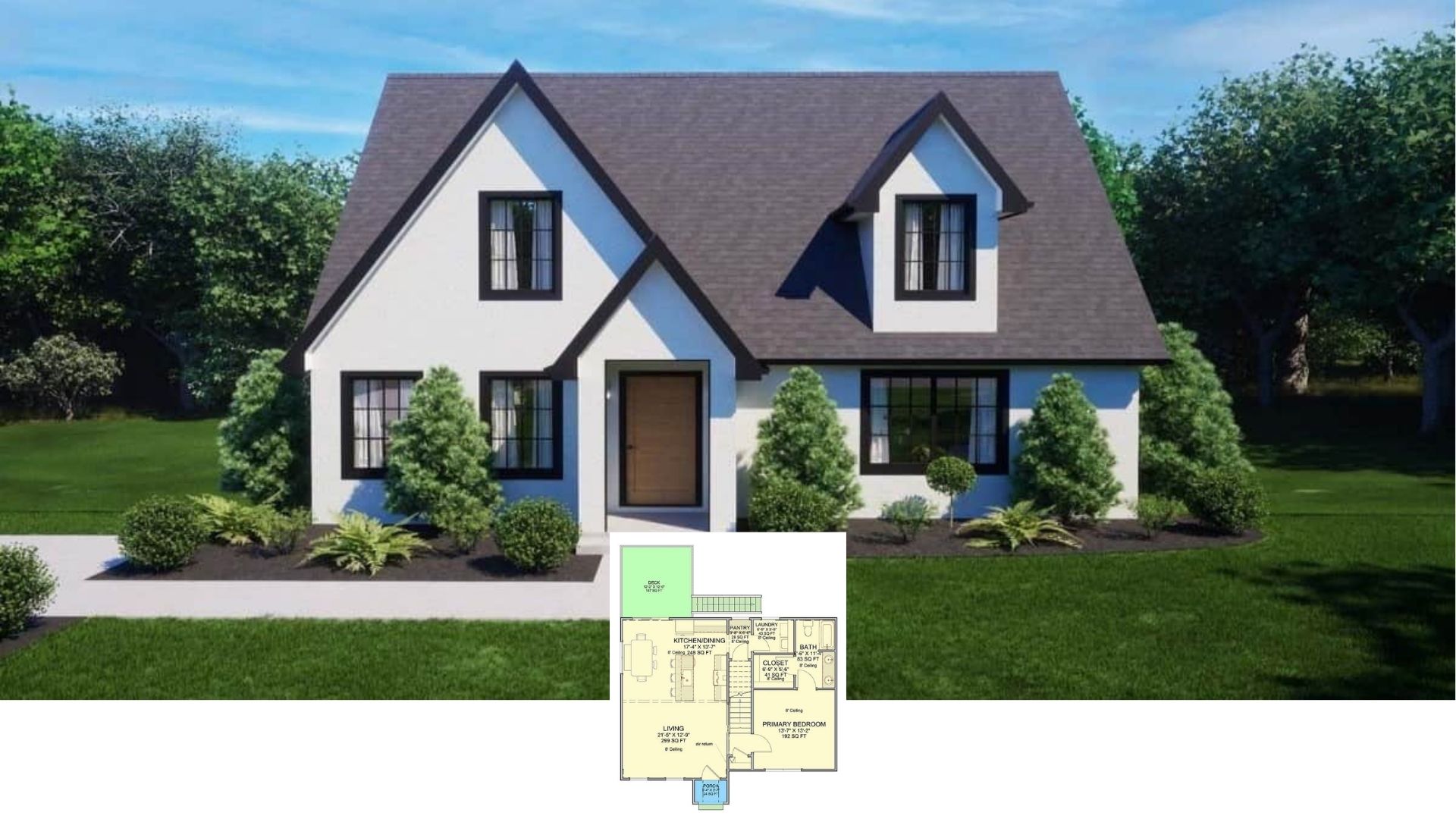 Tudor Style Single-Story 3-Bedroom Home for a Narrow Lot with Loft and Open-Concept Living (Floor Plan)