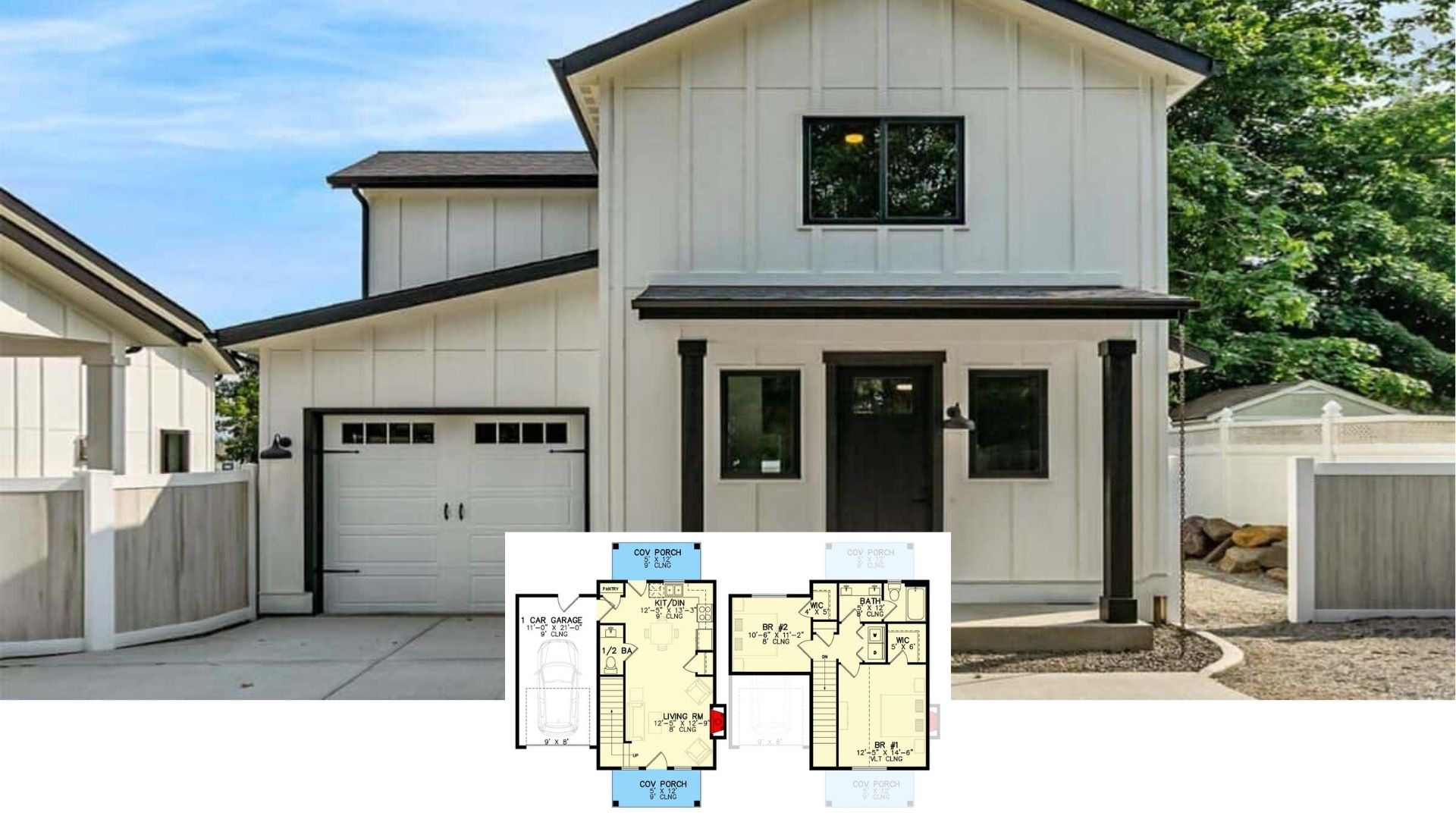 Two-Story Craftsman Style 2-Bedroom Home for a Narrow Lot with Open-Concept Living (Floor Plan)