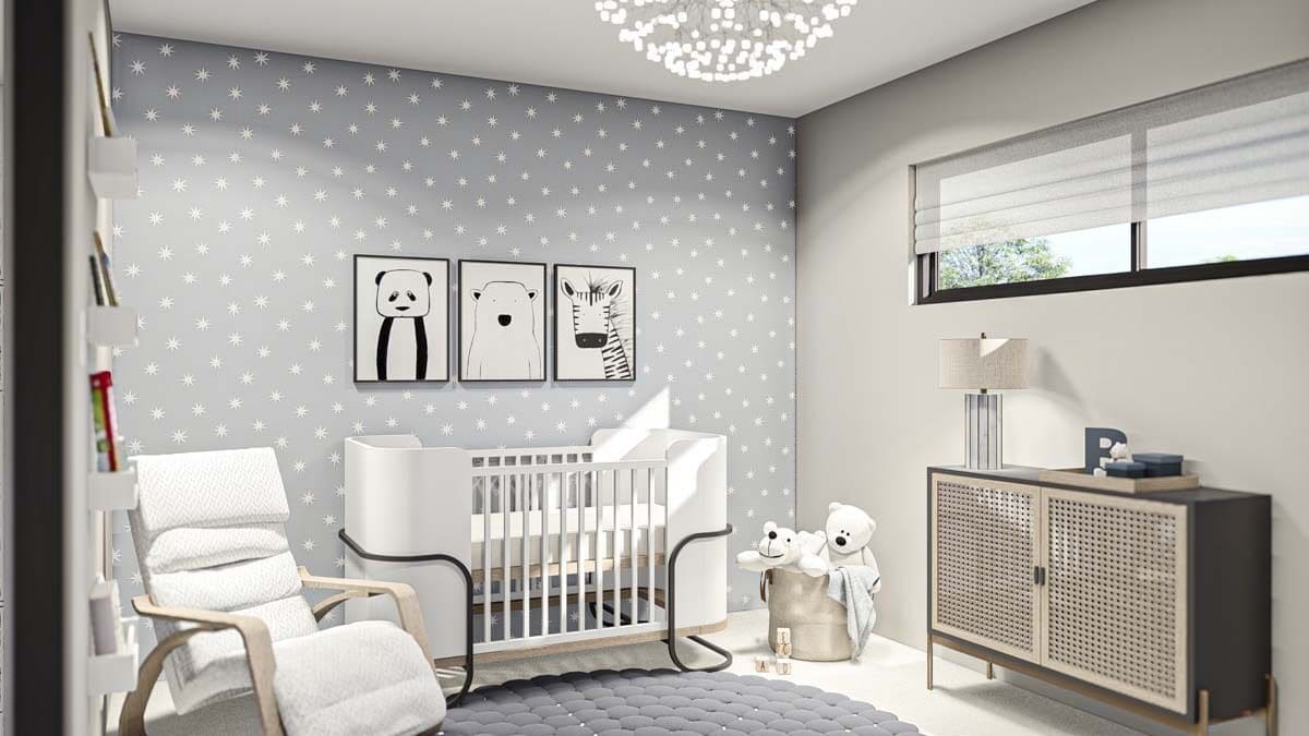 Nursery room with a white crib, a lounge chair, and a dresser under the clerestory windows.