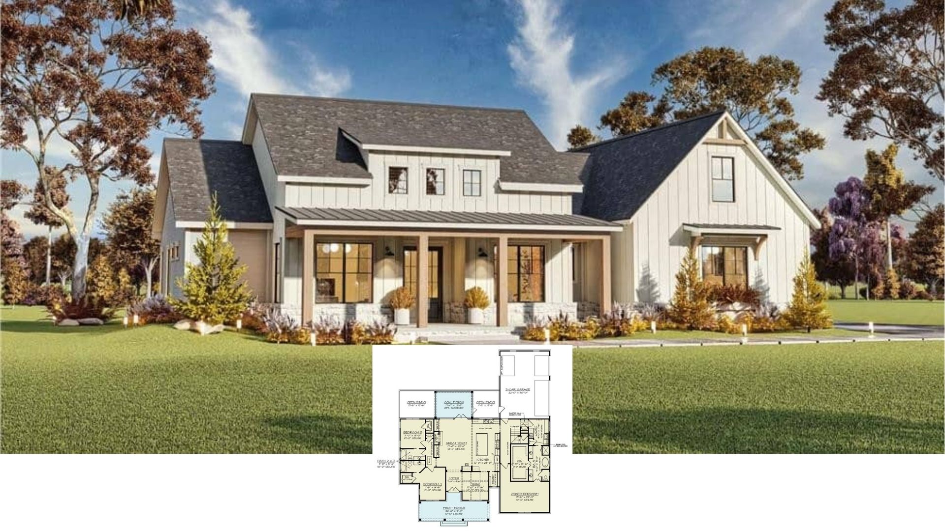 3-Bedroom Modern Single-Story Farmhouse with Front Porch and Bonus Expansion (Floor Plan)