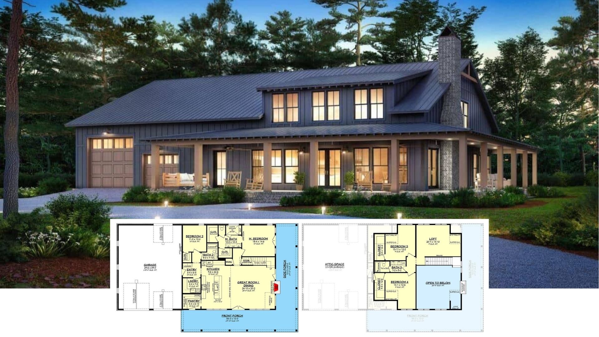 Two-Story Barndominium Style 4-Bedroom Modern Farmhouse with Loft and Wraparound Porch (Floor Plan)