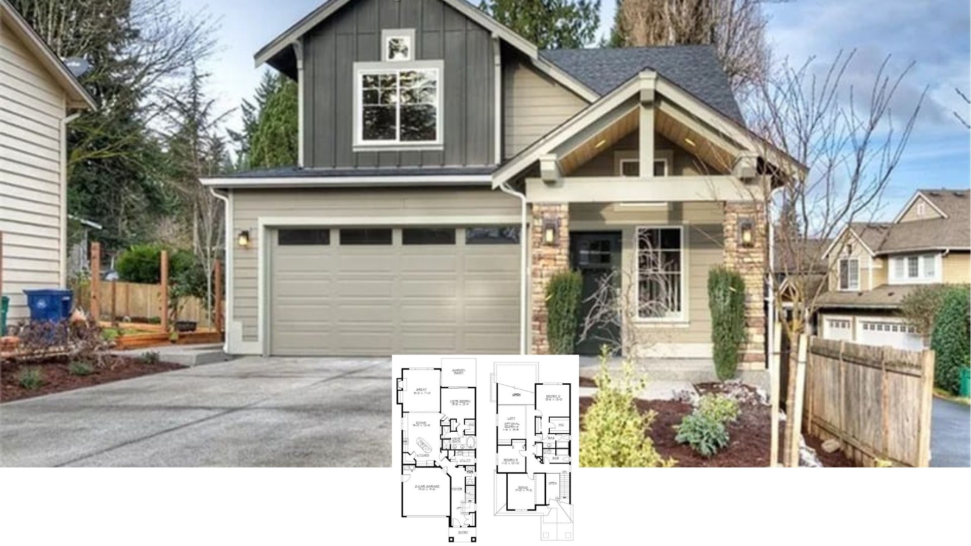 Two-Story Craftsman Style 4-Bedroom Elmwood Home for a Narrow Lot with Loft and Bonus Room (Floor Plan)