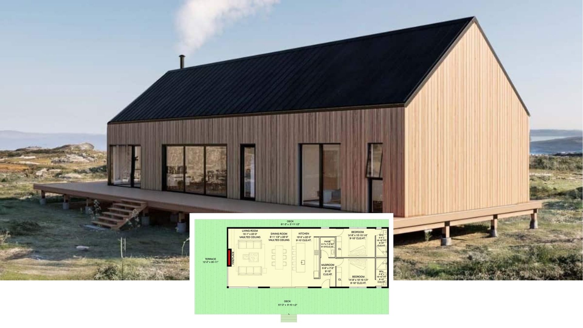 Modern 2-Bedroom Single-Story Cabin with Open Living Space and Wraparound Deck (Floor Plan)