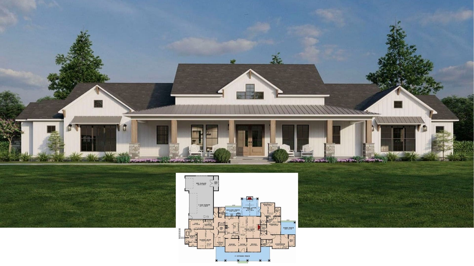 Single-Story 4-Bedroom Modern Farmhouse with Front Porch and Jack & Jill Bathroom (Floor Plan)