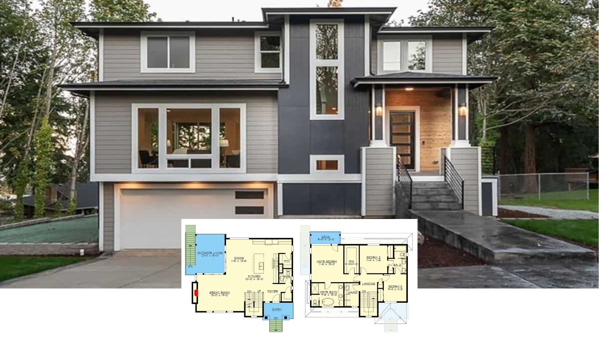 Modern 3-Bedroom Two-Story Home for a Sloped Lot with Drive-Under Garage (Floor Plan)