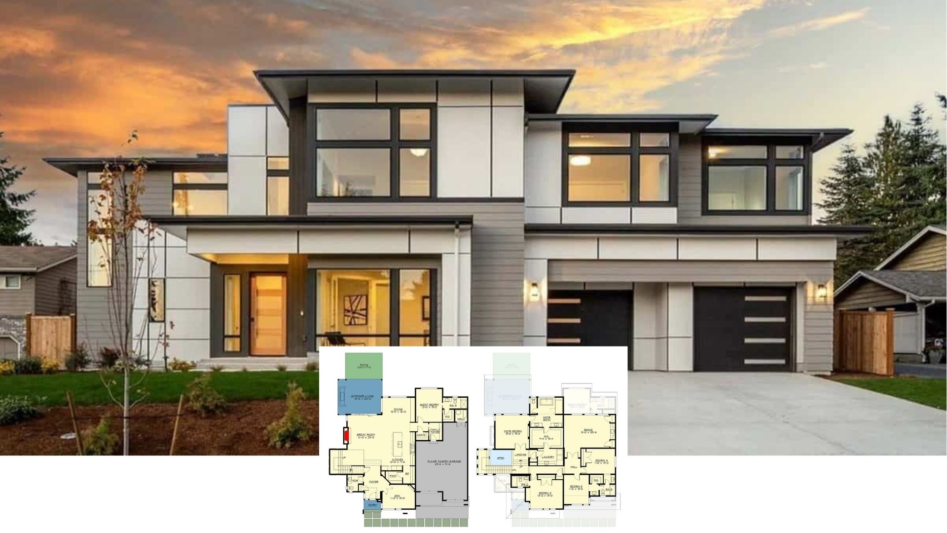 5-Bedroom Modern Style Two-Story Home with Bonus Room and 3-Car Tandem Garage (Floor Plan)