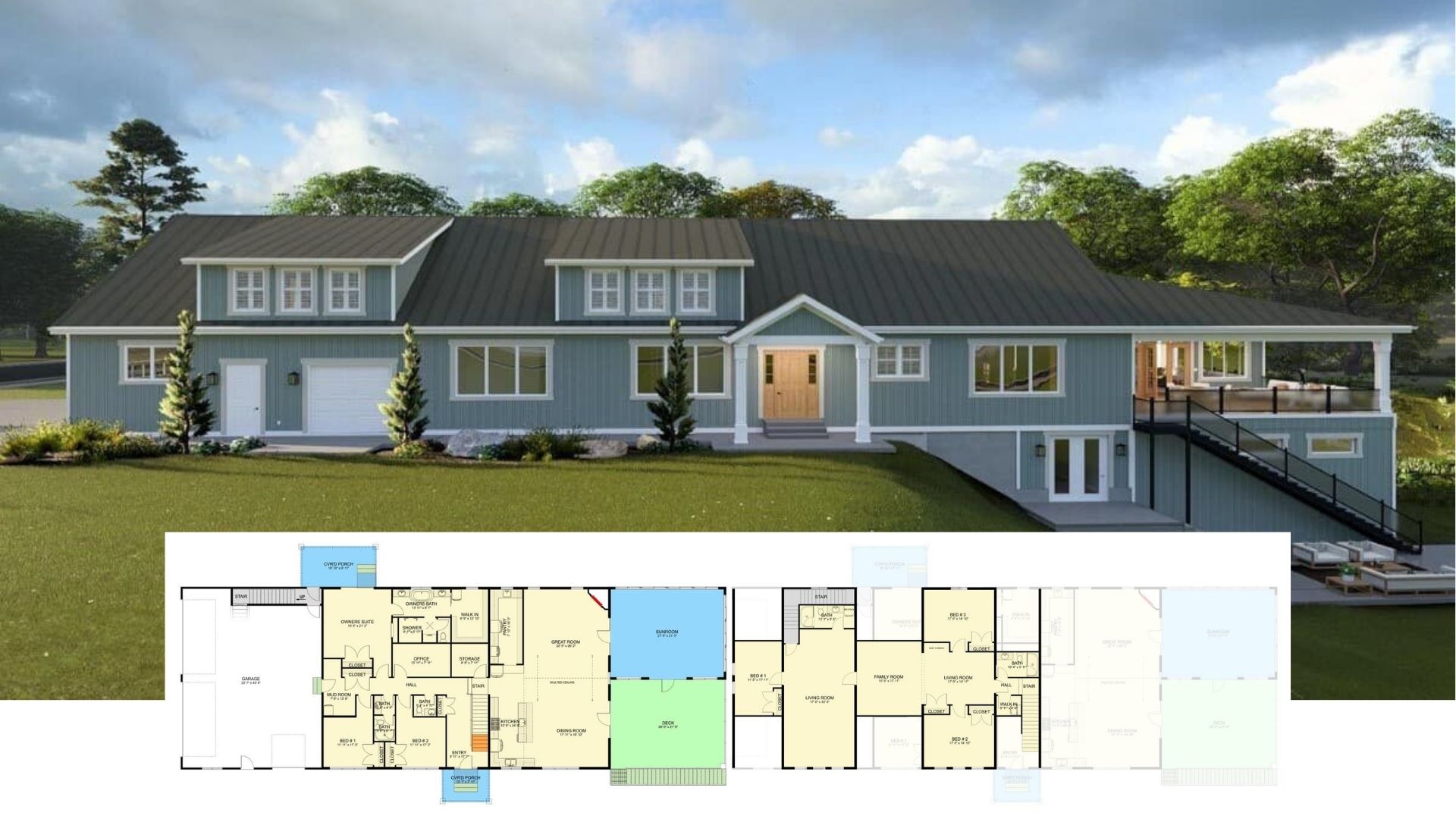 9-Bedroom Mountain Style Two-Story Home for a Wide Lot with 4-Car Garage and Basement Expansion (Floor Plan)