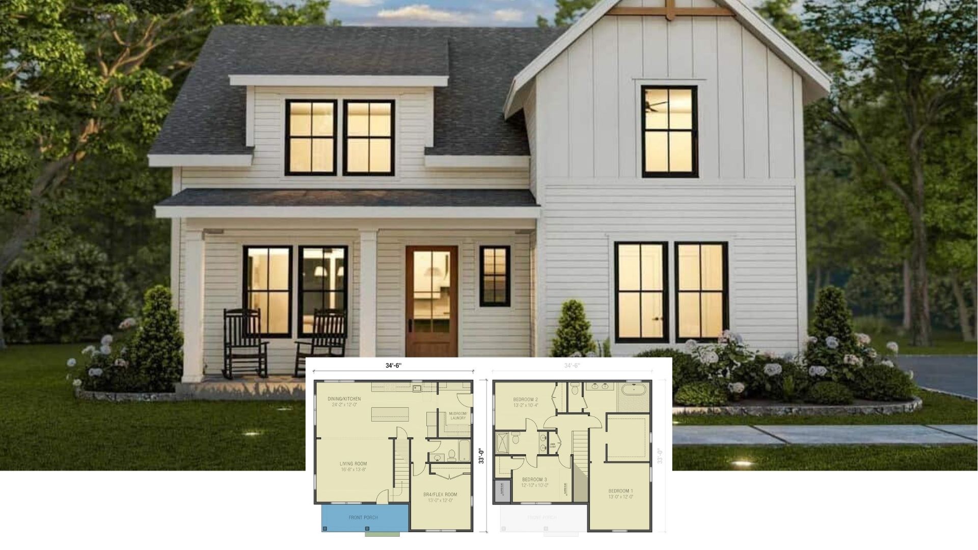 Two-Story New American Style 4-Bedroom Home with Front Porch and Jack & Jill Bath (Floor Plan)