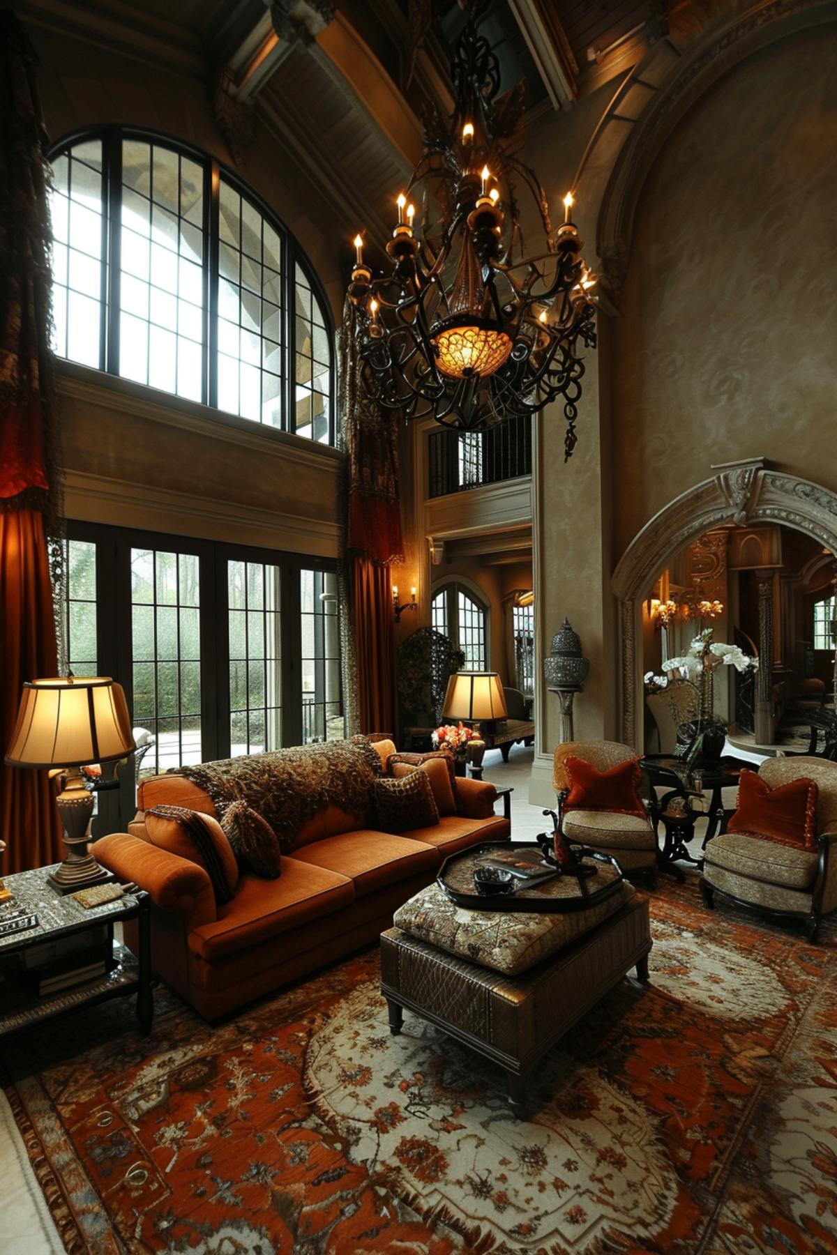 Luxurious Living Room Showcasing a Fusion of Gothic Splendor and Contemporary Design Touches