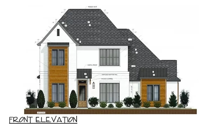 Front elevation sketch of the 4-bedroom transitional style two-story home.