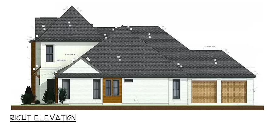 Right elevation sketch of the 4-bedroom transitional style two-story home.