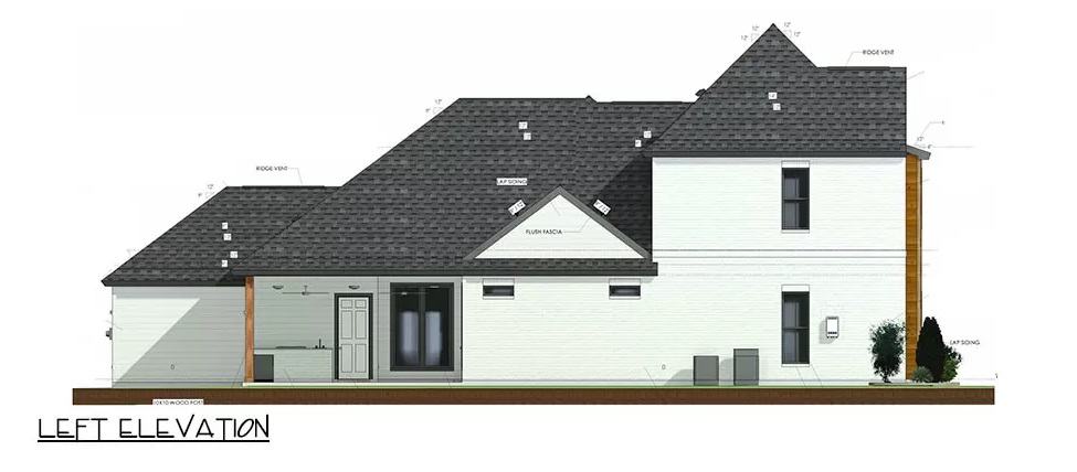 Left elevation sketch of the 4-bedroom transitional style two-story home.