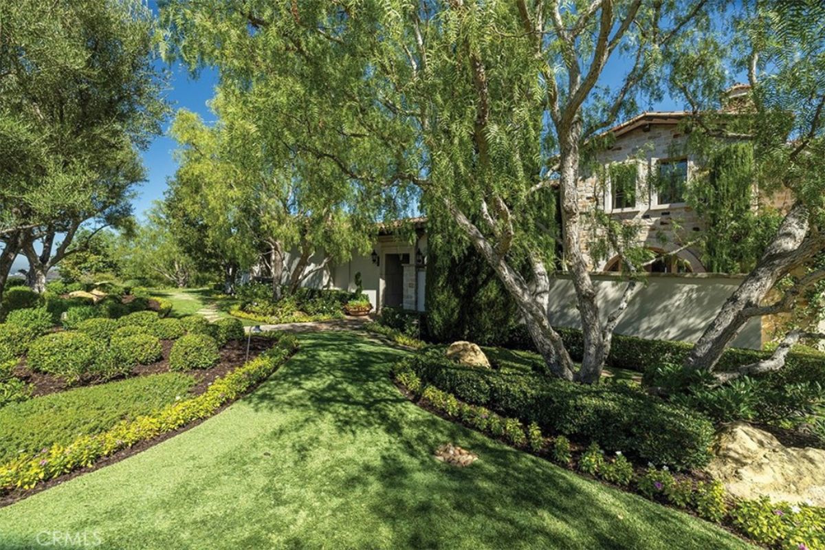 A garden with grass, trees, and bushes.