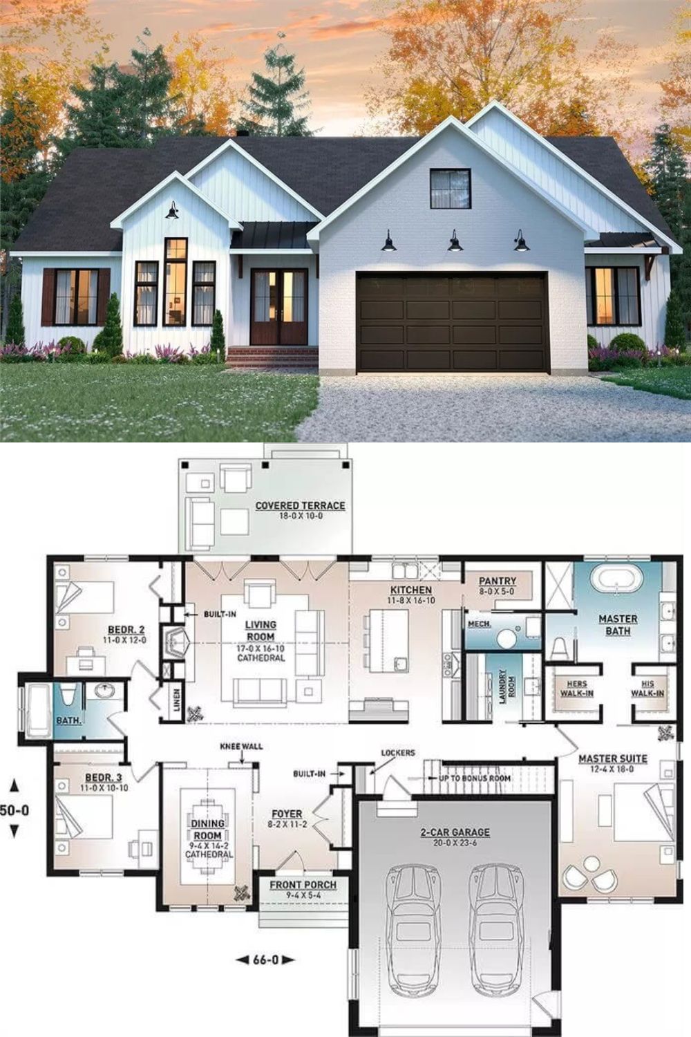 This 3-bedroom farmhouse is embellished with board and batten siding, brick accents, multiple gables, and a covered entry with a brick stoop. It features a double garage with a bonus room above perfect for future expansion.