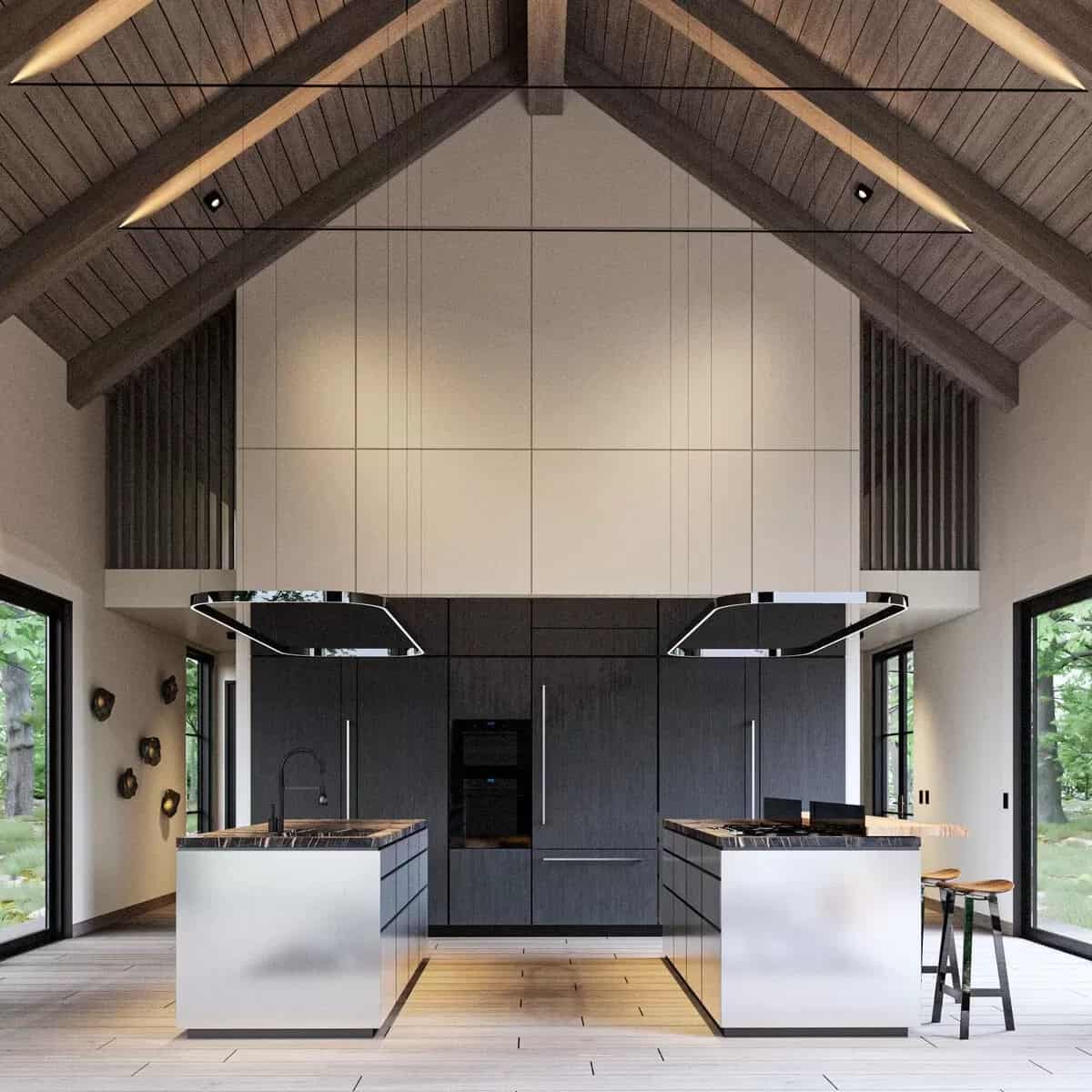 Kitchen with custom cabinetry and two islands under a cathedral ceiling.