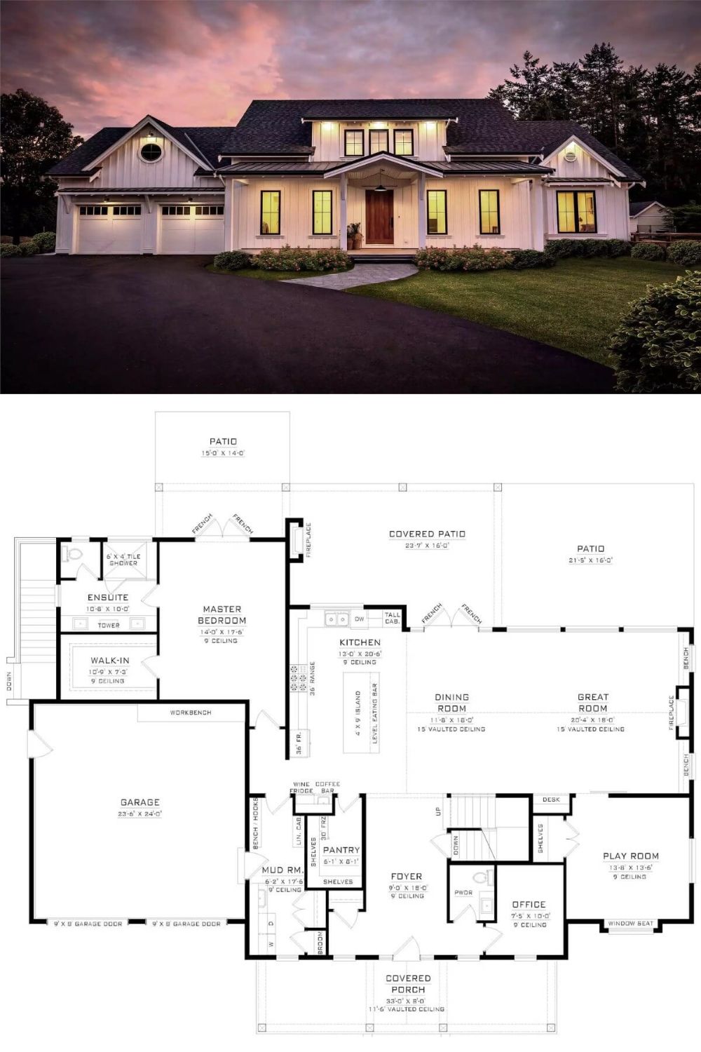 The Summerside farmhouse is embellished with board and batten siding, metal roof accents, and a large shed dormer sitting atop the covered front porch. It includes a double garage with a workbench and mudroom access.