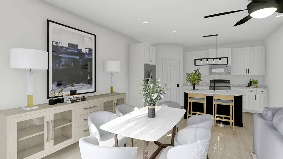 Dining area with a rectangular dining set and a buffet table topped with table lamps.