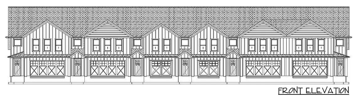 Front elevation sketch of the craftsman style two-story 6-unit multiplex home.