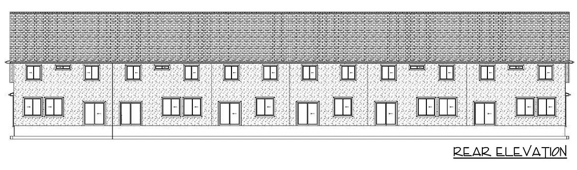 Rear elevation sketch of the craftsman style two-story 6-unit multiplex home.