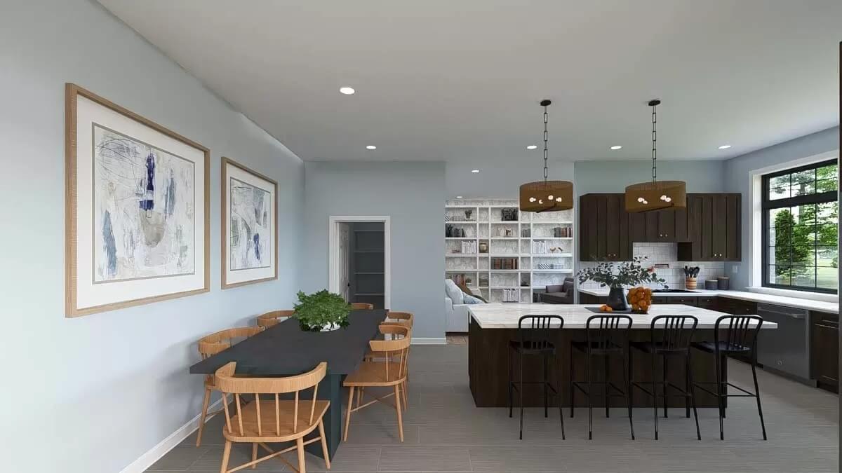 Kitchen and dining room with a rectangular dining set and a breakfast island.