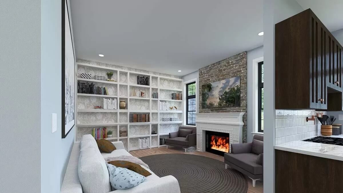 Hearth room with a fireplace and white built-ins.