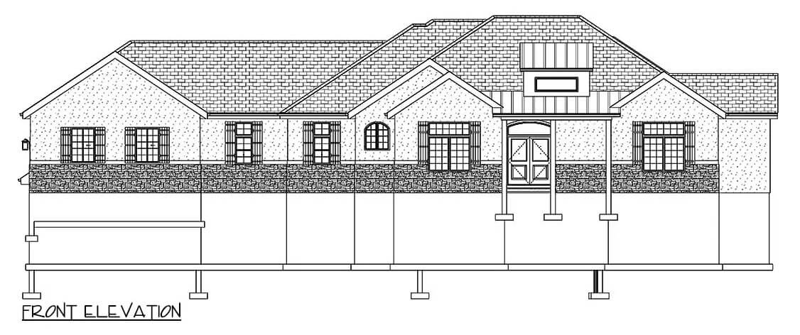 Front elevation sketch of the ranch style 3-bedroom single-story home.