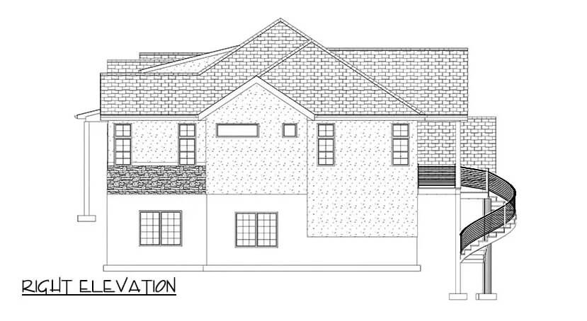 Right elevation sketch of the ranch style 3-bedroom single-story home.