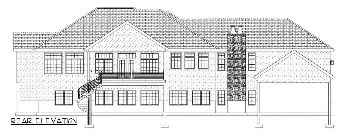 Rear elevation sketch of the ranch style 3-bedroom single-story home.