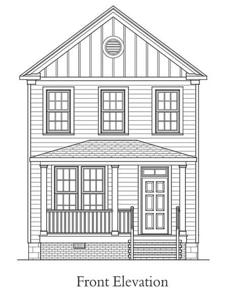 Front elevation sketch of the two-story country style 3-bedroom Jane home.