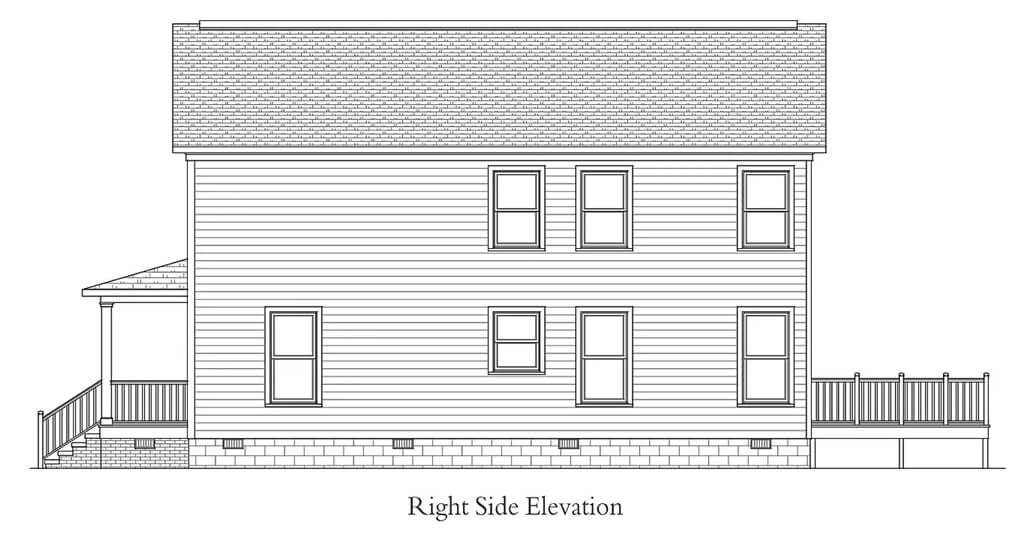 Right elevation sketch of the two-story country style 3-bedroom Jane home.