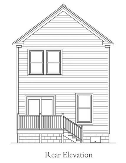 Rear elevation sketch of the two-story country style 3-bedroom Jane home.