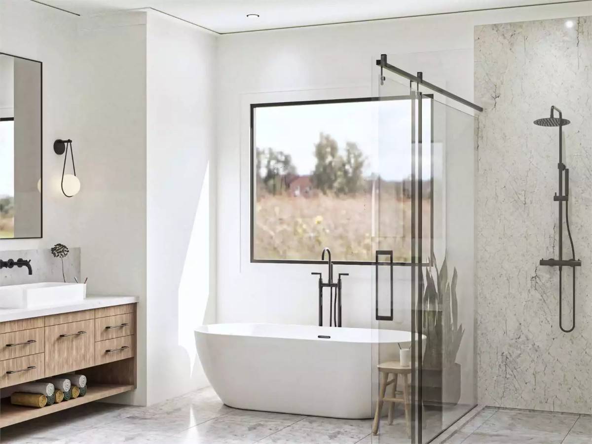 Primary bathroom with a walk-in shower and a soaking tub under the picture window.